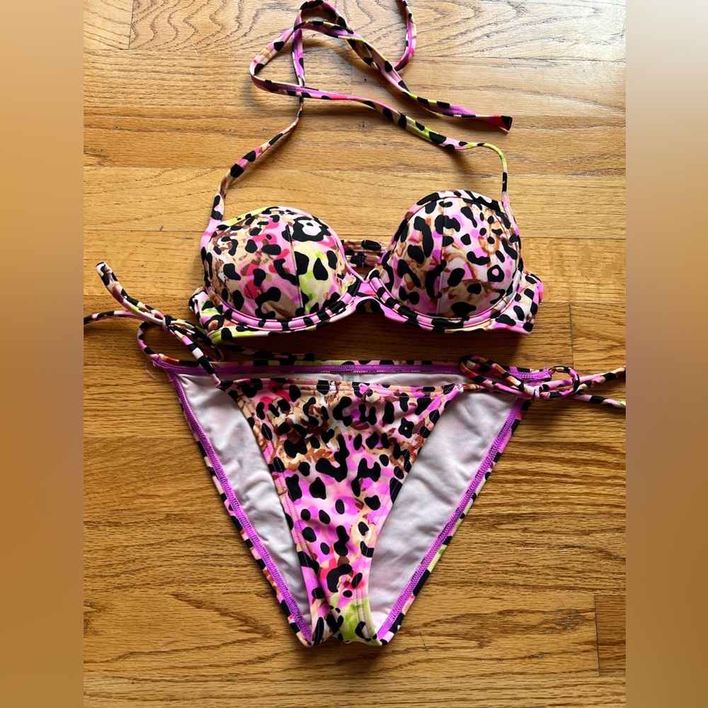 Victoria's Secret Vintage Pink Leopard Print Bikini Set top and bottom